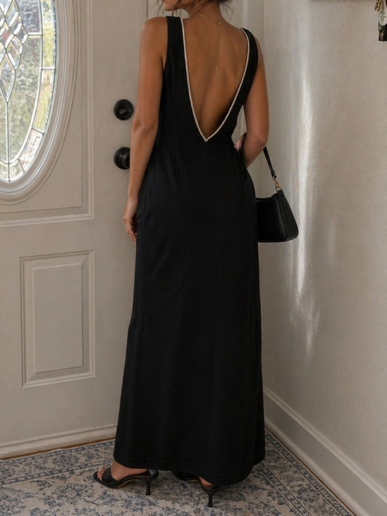 Handmade Dresses & Skirts - Handmade Black Long Dress Pearl Trim Open Back Elegant Evening Gown